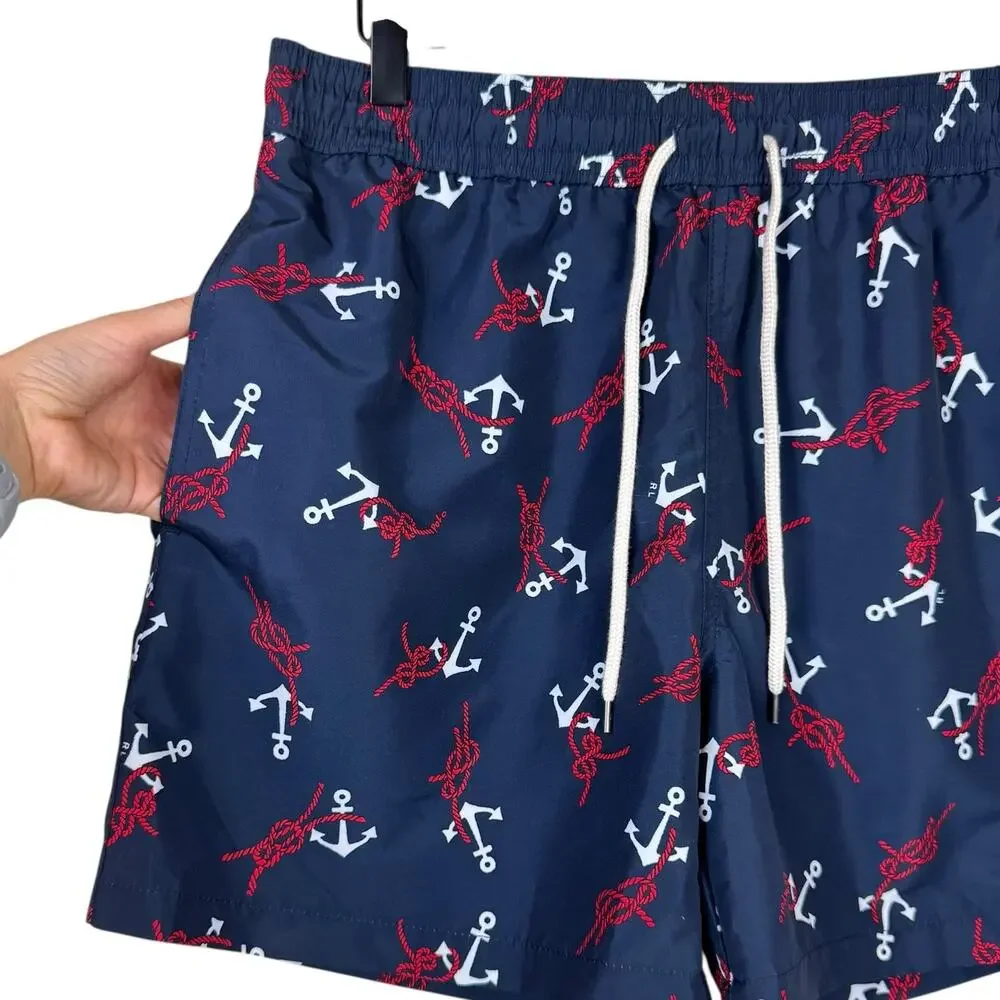 Polo Ralph Lauren Nautical Anchor Print Elastic Waist Swim Trunks Shorts Pockets